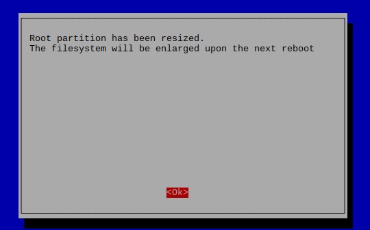 raspi-config on Raspbian Stretch 20181113 showing message that root filesystem had been resized