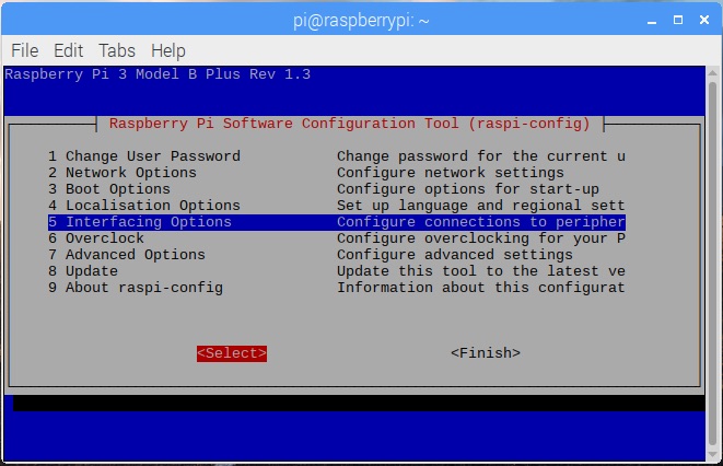 raspi-config on Raspbian Stretch 20181113 with Interfacing Options selected