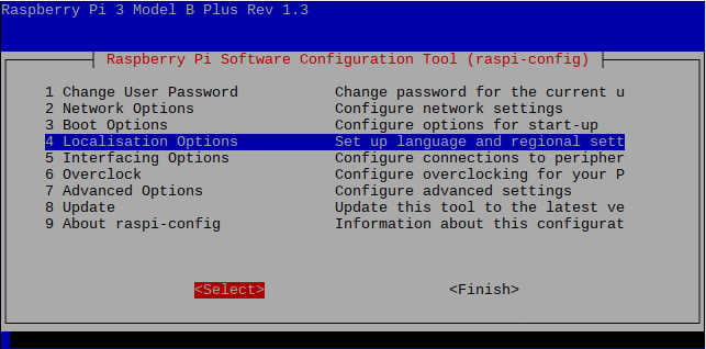 raspi-config on Raspbian Stretch 20181113 with Localisation Options selected