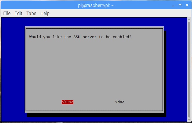 raspi-config on Raspbian Stretch 20181113 with Yes selected for confirmation to enable SSH server