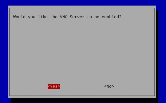 raspi-config on Raspbian Stretch 20181113 with Yes selected in prompt to enable VNC