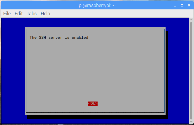 raspi-config on Raspbian Stretch 20181113 with confirmation message that SSH server had been enabled