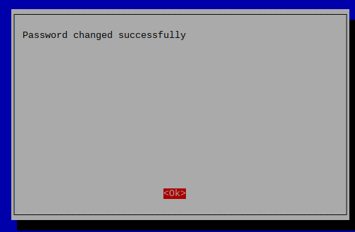 raspi-config on Raspbian Stretch 20181113 with indication that password had been changed successfully