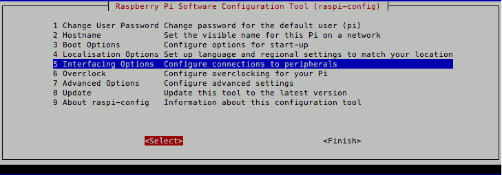 raspi-config Raspbian Jessie Lite with Interfacing options selected