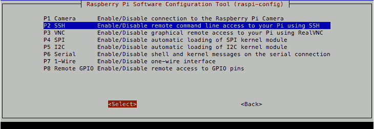 raspi-config Raspbian Jessie lite with Interfacing Options SSH selected
