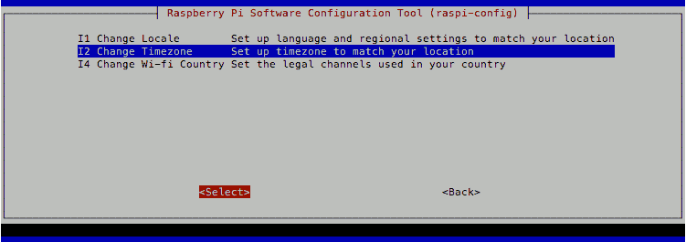 raspi-config Raspbian Jessie Lite with Localisation Options -> Change Timezone selected