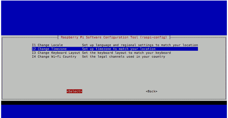 raspi-config Raspbian Stretch Lite 20171129 with Change Timezone selected