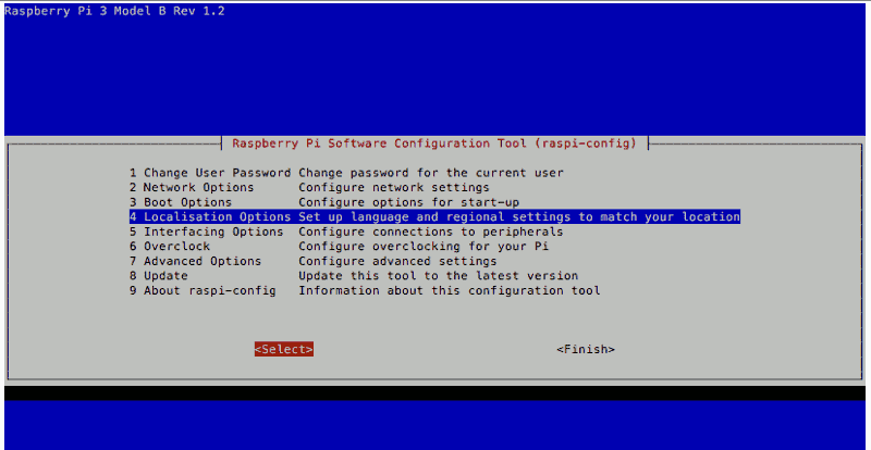raspi-config Raspbian Stretch Lite 20171129 with Localisation Options selected