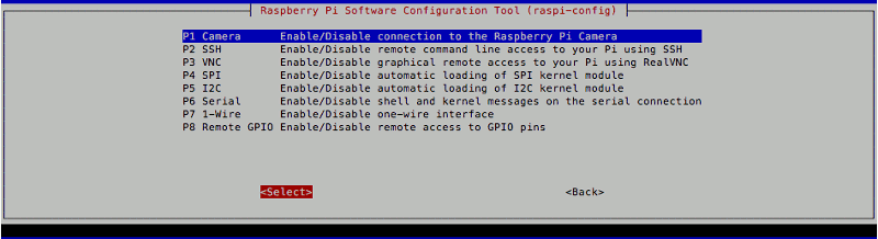 raspi-config with P1 Camera selected