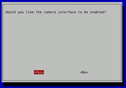 raspi-config with Yes selected for Question to enable camera interface