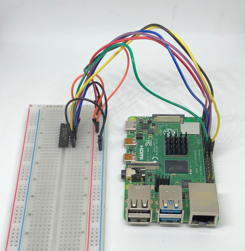 real-world example of MCP3008 chip wired to a Raspberry Pi 4 Model B