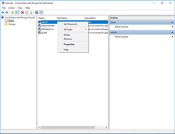 right-clicked on admin user in lusrmgr.msc Windows 10 IoT