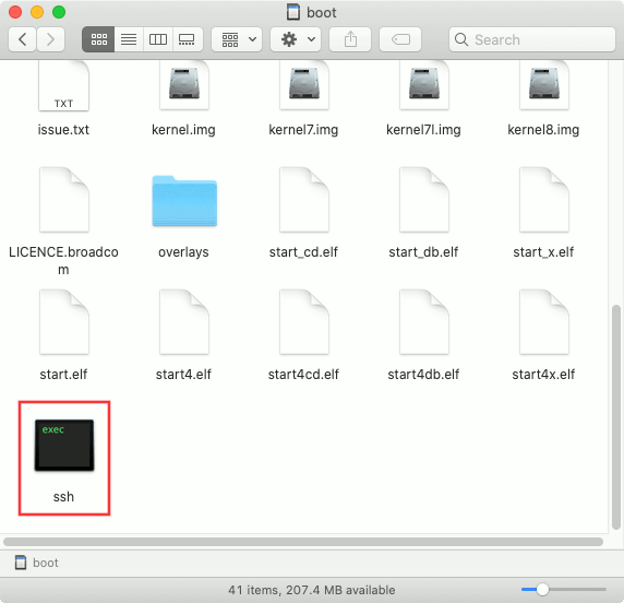 root directory of Raspberry Pi OS lite with ssh file highlighted