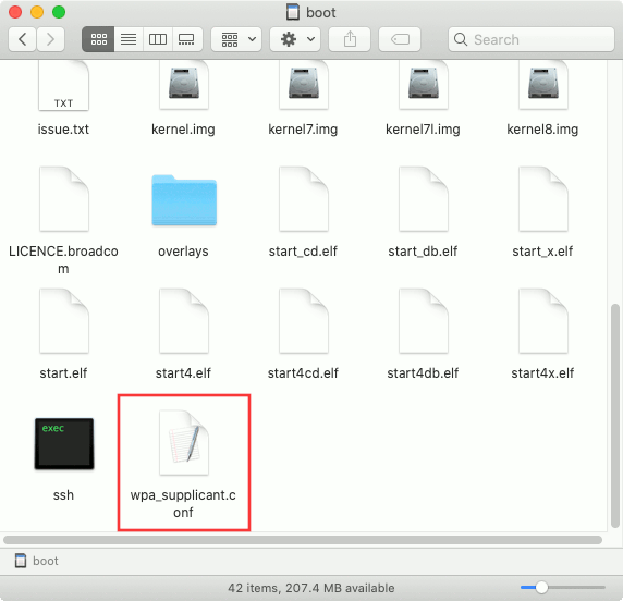 root directory of Raspberry Pi OS lite with wpa_supplicant file highlighted