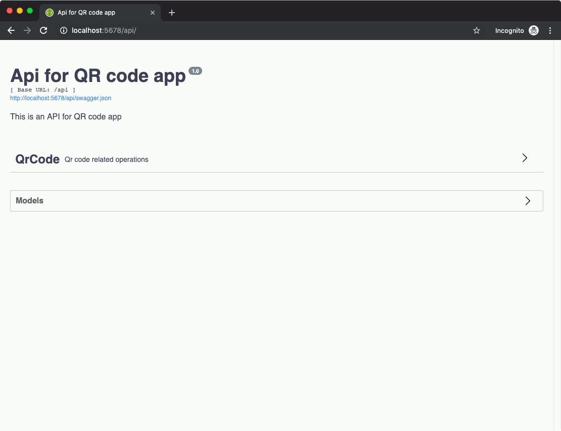 screenshot of API documentation page for Flask Restplus API endpoint creating QR Code image