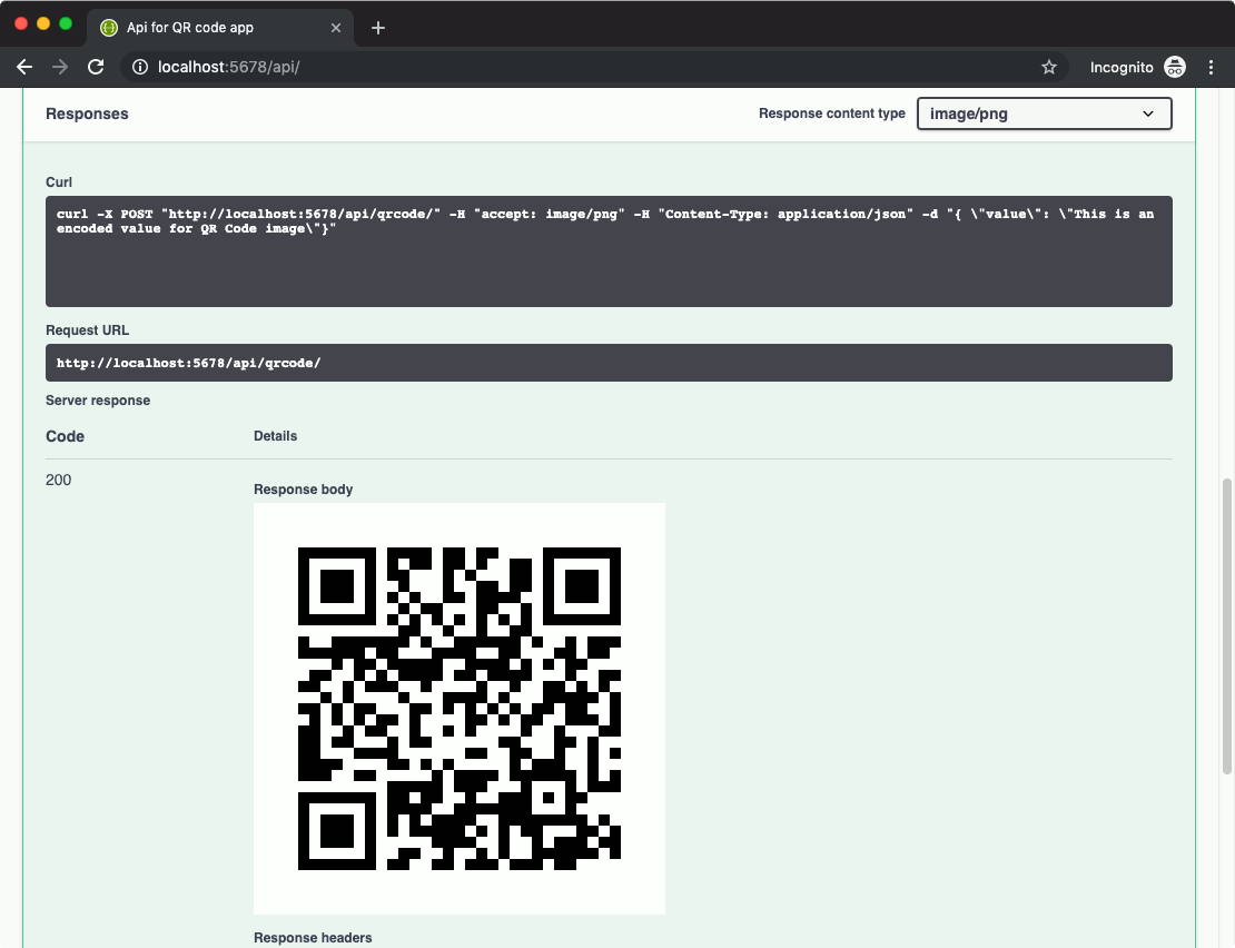 screenshot of API documentation page with QR Code image as response for Flask Restplus API endpoint creating QR Code image