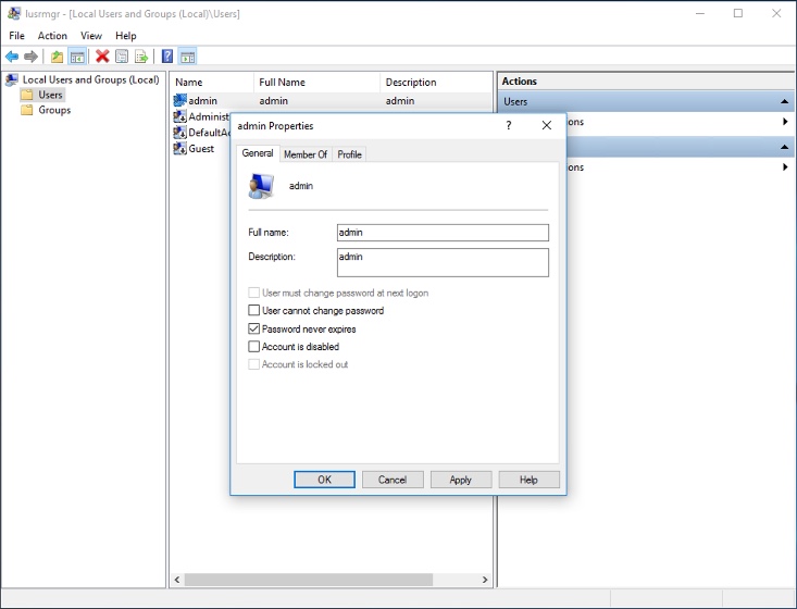 showing properties of admin user in Windows 10 IoT with Password never expires being set