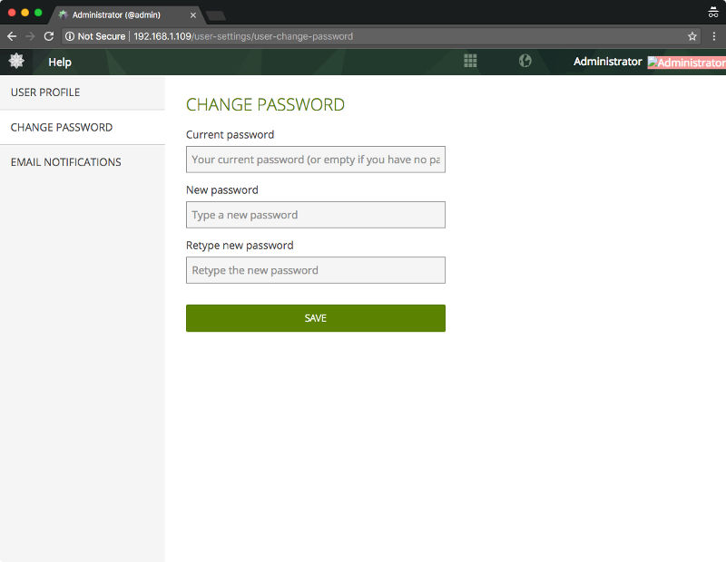 Taiga change password screen
