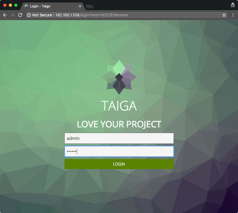 Taiga login page with admin credentials supplied