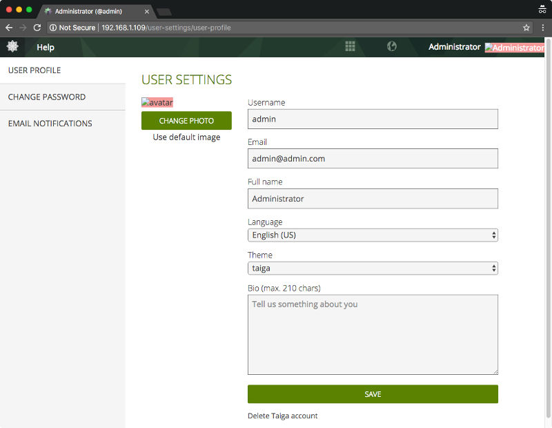 Taiga user settings screen
