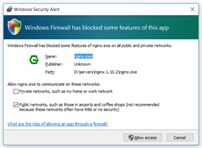 Windows Security Alert after starting Nginx for the first time