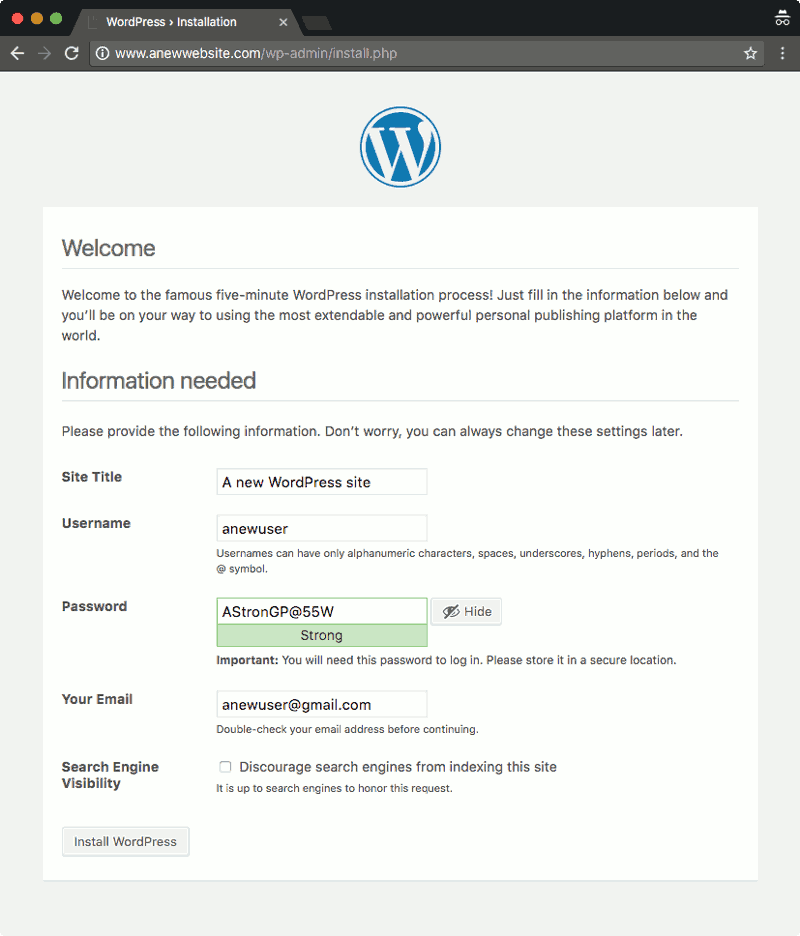 WordPress installation page 1 running from Raspbian Stretch Lite