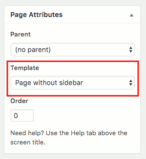 WordPress page attribute section with template without sidebar as an option