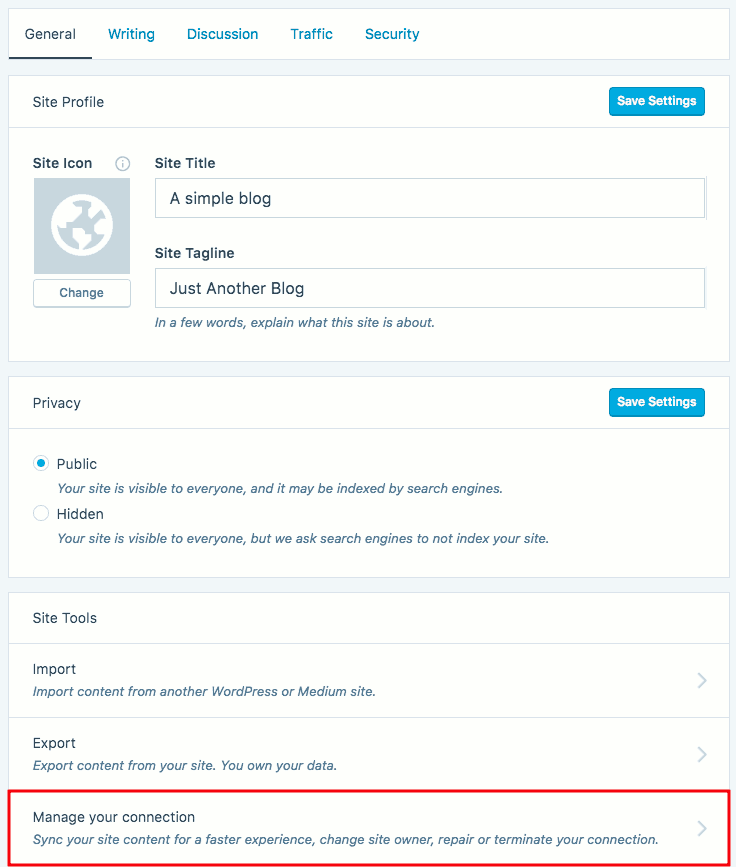 Wordpress.com general settings page with manage your connection highlighted