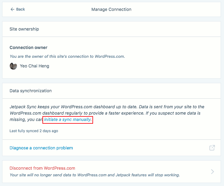Wordpress.com manage connections page with initiate a sync manually highlighted