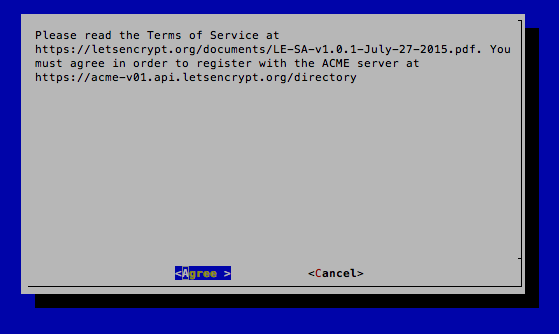 Let's Encrypt Terms of Service prompt