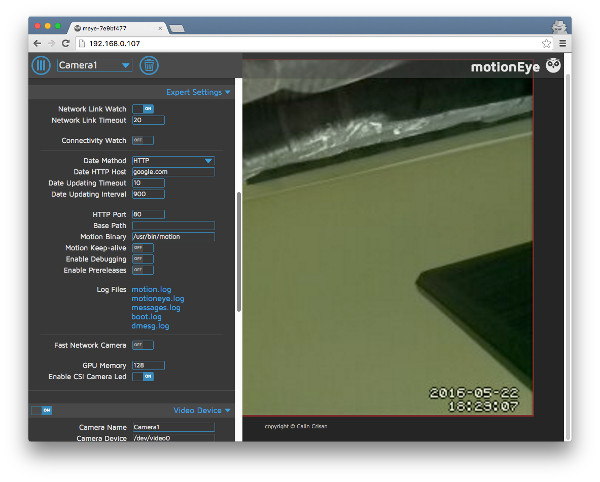 MotionEyeOS Expert Settings configurations section expanded
