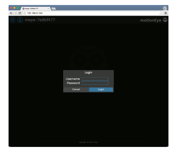Login screen to log into Raspberry Pi 3 CCTV from the browser to configure things