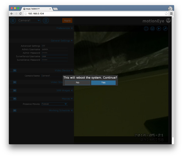 MotionEyeOS reboot prompt