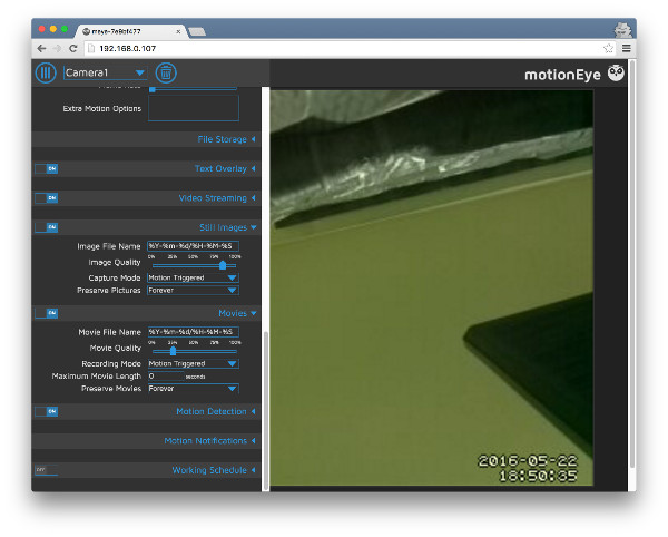 MotionEyeOS Still Images and Movies configuration sections expanded