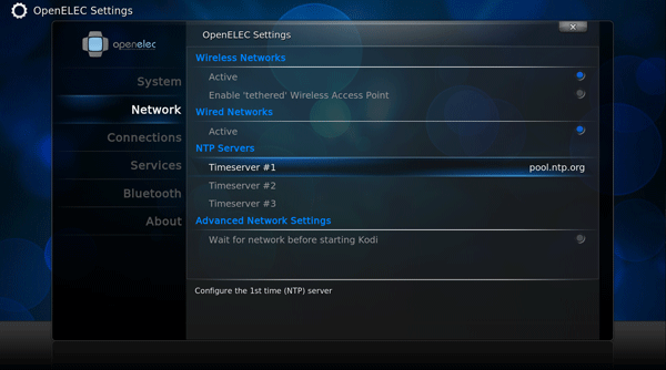OpenELEC Network Settings with Timeserver#1 highlighted