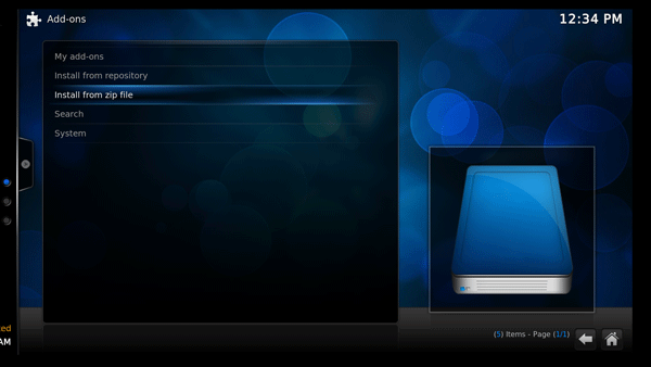 OpenELEC Add-ons screen with Install from zip option highlighted