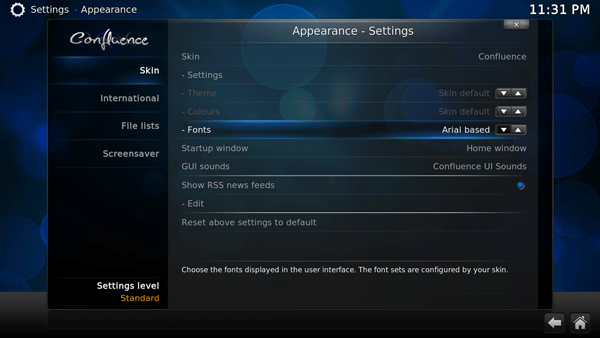 OpenELEC Skin settings with Fonts configuration highlighted