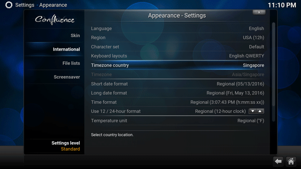 OpenELEC Appearance - Settings screenshot with Timezone country highlighted