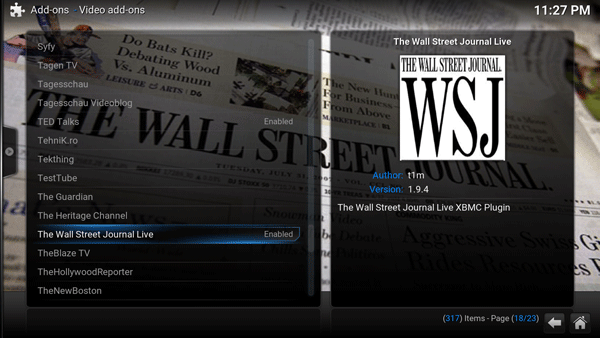 Video add-ons screenshot with the Wall Street Journal Live highlighted