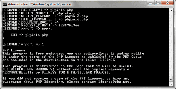 Output from executing phpinfo.php in command prompt.