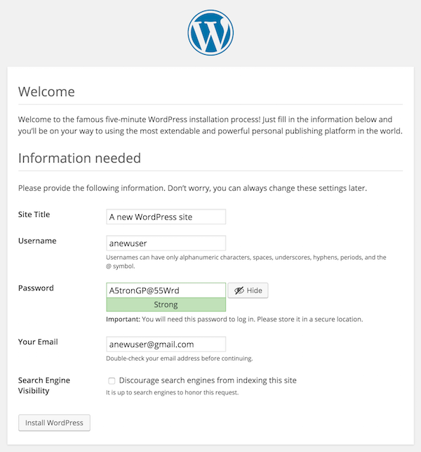 WordPress installation page screenshot
