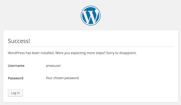 WordPress installation successful page screenshot