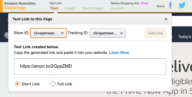 Amazon Associates link creation widget at top left of Amazon shopping site